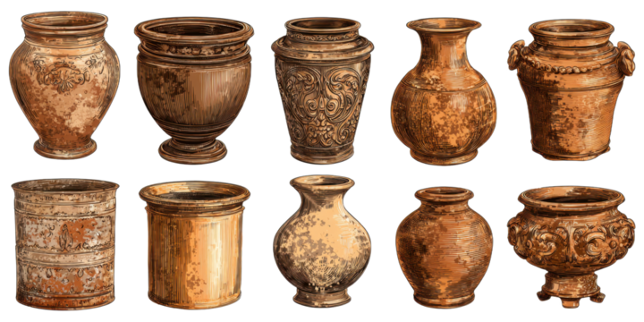 Assortment of Engraved Copper Vases on Transparent Background