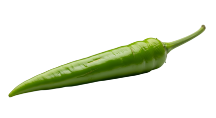 A single vibrant green chili pepper with a pointed tip isolated on a stark black background