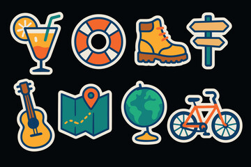 Colorful travel and adventure icons map, bicycle, globe, guitar, more