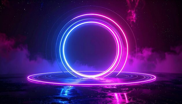 Neon rings with reflection, a circular portal of purple and blue hues against a dreamy space background - Powered by Adobe