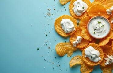 Golden crunchy kettle chips with white creamy ranch dressing arranged on cool light blue background. Small ceramic bowl holds fresh dip. Crispy wavy potato snack food ready for eating at party movie