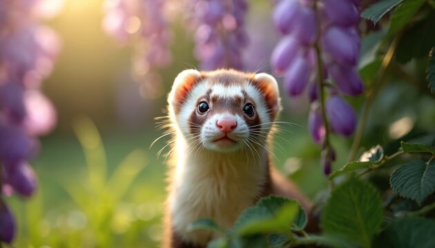 Charming domestic pet ferret with brown white fur stands in rich spring garden. Small mustelid looks curious, alert with bright black eyes, facing directly forward. Golden sunlight softly shines on - Powered by Adobe
