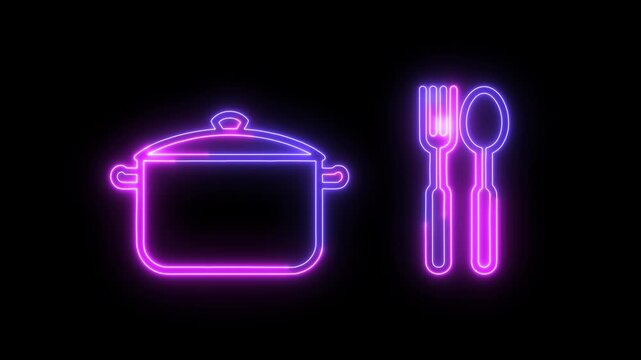 Neon-glowing pot, fork, and spoon. Vivid purple and blue outlines depict kitchen equipment on a black screen.