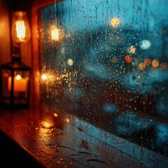 Fototapeta premium Cozy Rainy Night - Warm Lantern Light Reflecting on Wet Window, Bokeh City Lights.
