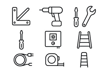 Obraz premium Essential tools and equipment icons drill, ladder, wrench, tape measure, screwdriver