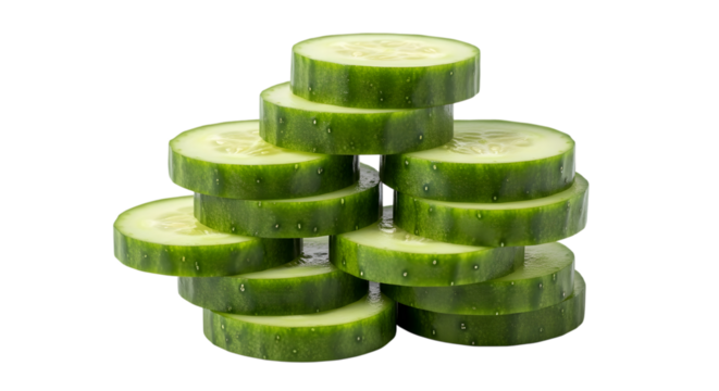 Freshly sliced cucumber rings stacked in a pyramid shape against a dark background