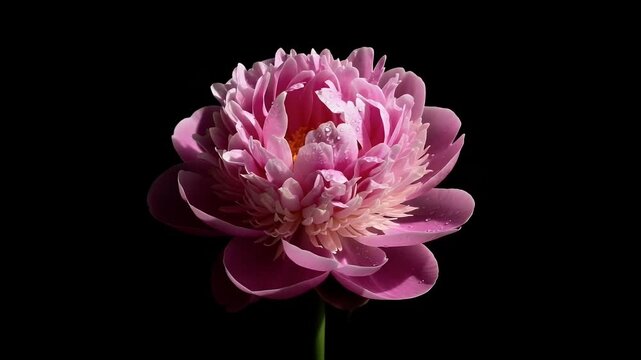 This captivating close-up video showcases a vibrant pink peony in full bloom, elegantly presented against a stark black background. Delicate petals unfurl gracefully, adorned with glistening water dro