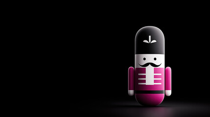Naklejka premium Modern minimalist nutcracker toy. A cute and stylish Christmas character in pink and black on a dark background banner with copy space.