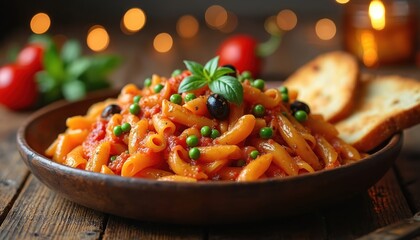 Plate of cooked pasta with red tomato sauce, green peas, black olives, fresh basil leaf. Warm main dish served with toasted bread on rustic wood table. Soft festive bokeh lights glow warmly in