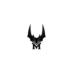 Black emblem design with bat like wings and letter m on white background