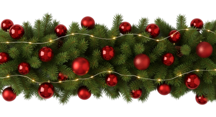 Festive christmas garland with glowing fairy lights and shiny red baubles on a dark background