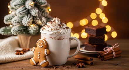 Festive Hot Chocolate with Gingerbread Man and Brownies cocoa whipped cream