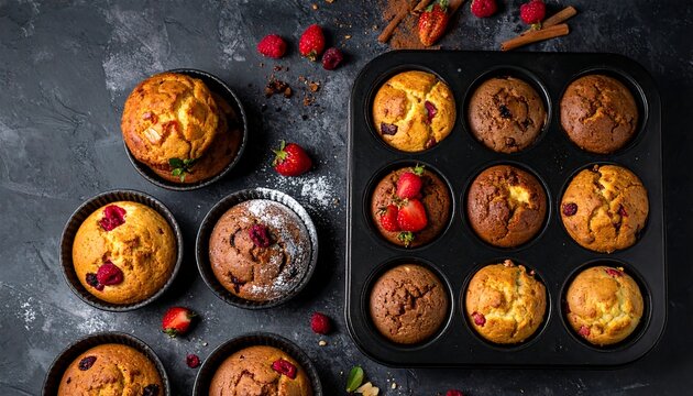 Assorted muffins in a pan and loose, with berries and cinnamon sticks on a dark, textured background