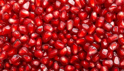 Close-up showcases vibrant red pomegranate seeds arranged tightly, creating a rich, textural surface