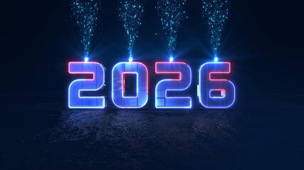 Ai Happy New Year 2026 cyber Digital AI technology business holidays background. 3D podium star happy holiday high tech style . Neon futuristic digital new year card holiday, new year party or event