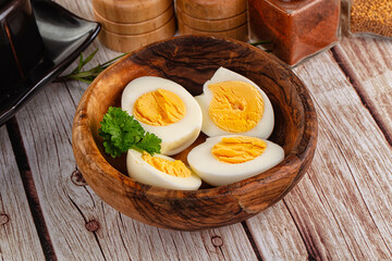 Boiled chicken eggs with bright yolk