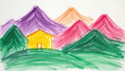 Child crayon drawing features yellow house, colorful mountains, green hills. Kids art on plain white paper shows simple landscape scene. Bright colors, naive style illustrate childhood creativity,