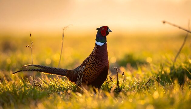 A colorful pheasant stands proudly in grassy field with golden morning light - Powered by Adobe