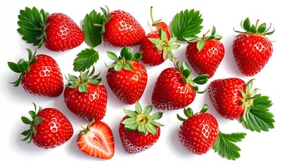 A group of fresh, vibrant red strawberries scattered with bright green leaves on a bright white background
