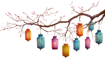 Hanging Lanterns on Branch with Cherry Blossoms on Transparent Background