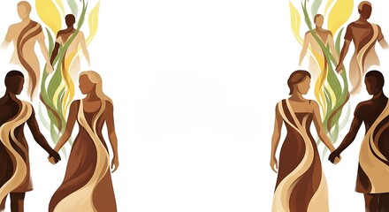 Diverse people holding hands with abstract plants on a white background illustration art design