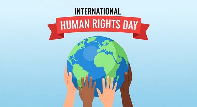 International human rights day banner with earth globe held by diverse hands on a light blue background