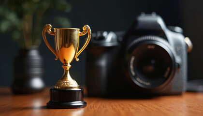 Small gold trophy cup sits on polished wooden desk. Blurred camera lens, green plant in dark background. Shiny award success, winning, top performance in photography. Represents achievement for pro