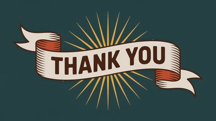 Retro ribbon banner with "Thank You" message and radiating sunburst on a dark background