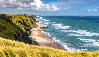 Grassy dunes and cliffs cascade down to a sandy beach meeting a blue sea under a cloudy sky