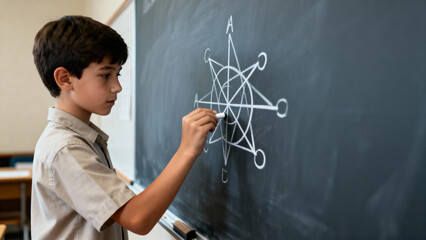 Young boy drawing diagram on chalkboard in classroom  
