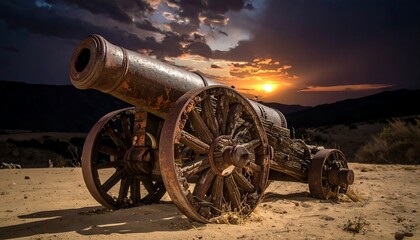 A rusty, old cannon sits in a desert landscape with dark mountains and a sunset sky behind it