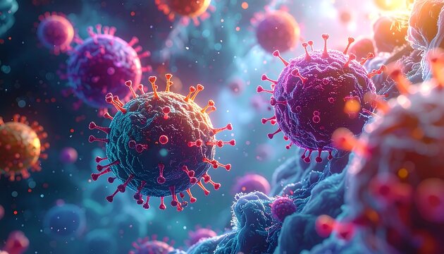 Microscopic view of spherical virus particles with spike proteins against a textured, hazy background