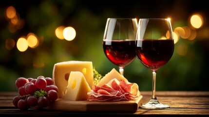 Enjoy a cozy evening scene featuring two glasses of rich red wine alongside a platter of cheese, prosciutto, and fresh grapes. Soft ambient lights create a warm atmosphere