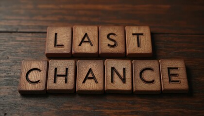 Wooden tiles spell out LAST CHANCE on dark textured wooden surface. Image conveys urgency, final opportunity, limited time offer. Perfect for sales, promotions, important announcements.