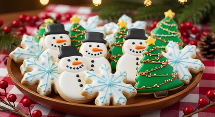 Festive holiday cookies shaped like snowmen and christmas trees