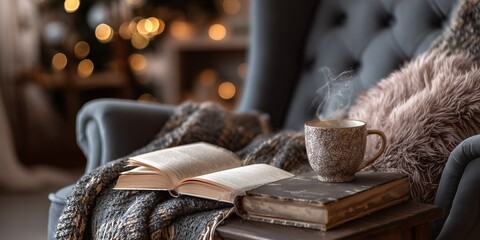 A comfortable, plush armchair, adorned with a soft throw blanket, holds an open book with a festive cover.