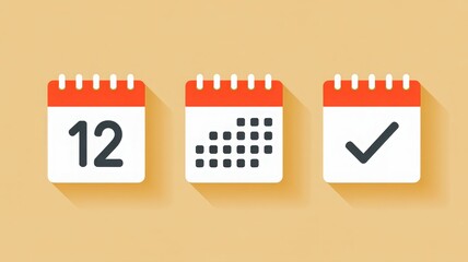 Three stylized calendars showing a date, a grid, and a checkmark for planning and scheduling.
