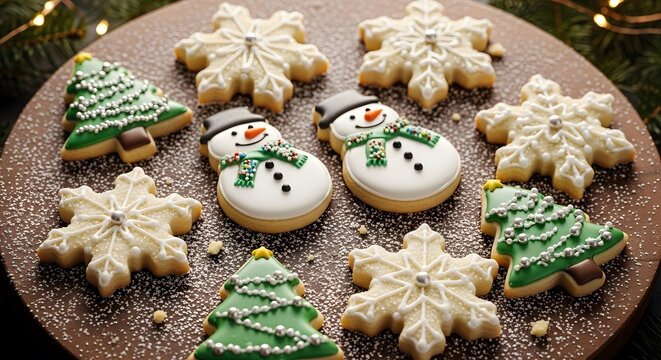 Festive holiday cookies featuring snowmen christmas trees and snowflakes
