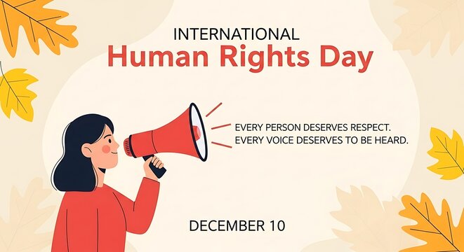 Woman holding megaphone for international human rights day december tenth with autumn leaves design - Powered by Adobe