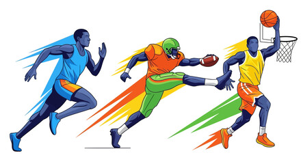 Dynamic athletes in action showcase track, football, and basketball for ultimate sporting excellence and victory © Chathuranga