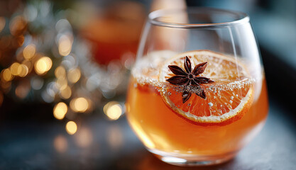 A dark shot focusing on a single glass of spiced cider with thin slice of dried orange with a single star anise floats on top, blurred background of golden and red lights