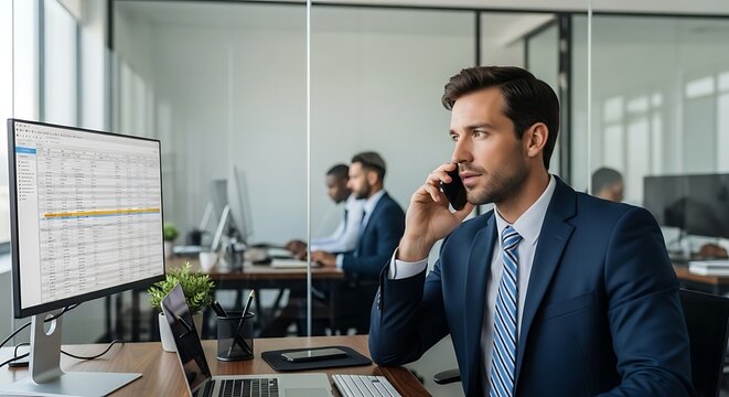 Professional male executive making a business phone call while analyzing data on a computer screen in a contemporary office workspace