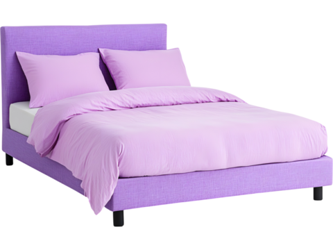 Modern bed with white sheets and pillows isolated on transparent background, ideal for bedroom and furniture visuals.