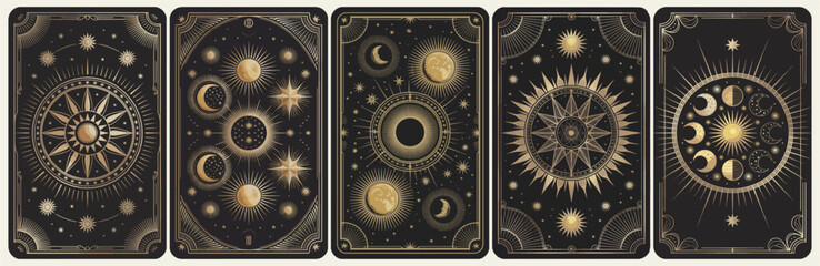 A series of Tarot black and gold cards with a crescent moon, stars and mystical elements on them. Vector illustration
