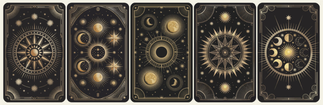 A series of Tarot black and gold cards with a crescent moon, stars and mystical elements on them. Vector illustration
