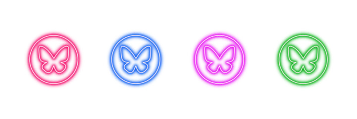 Neon glowing butterfly vector icons set, nature, insect, spring, beauty, glow, vibrant colorful digital design illustration on transparent background.