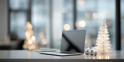 A clean, minimalist office desk features a modern laptop with a subtle, glowing Christmas tree graphic on its screen, accompanied by a small, elegant silver ornament resting beside it
