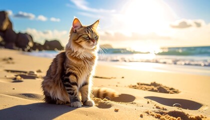 A tabby cat sits serenely on a sandy beach, bathed in golden sunlight against a blurry ocean and sky backdrop