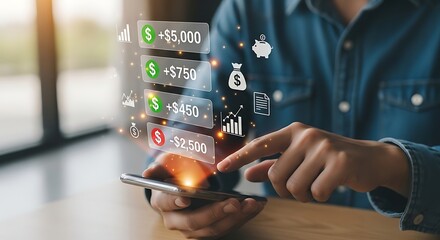 Person using a smartphone with a holographic overlay displaying financial icons and data representing online banking budgeting and investment management