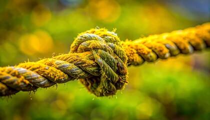Knotted rope with green and yellow lichen, tightly bound, with blurred greenery in background